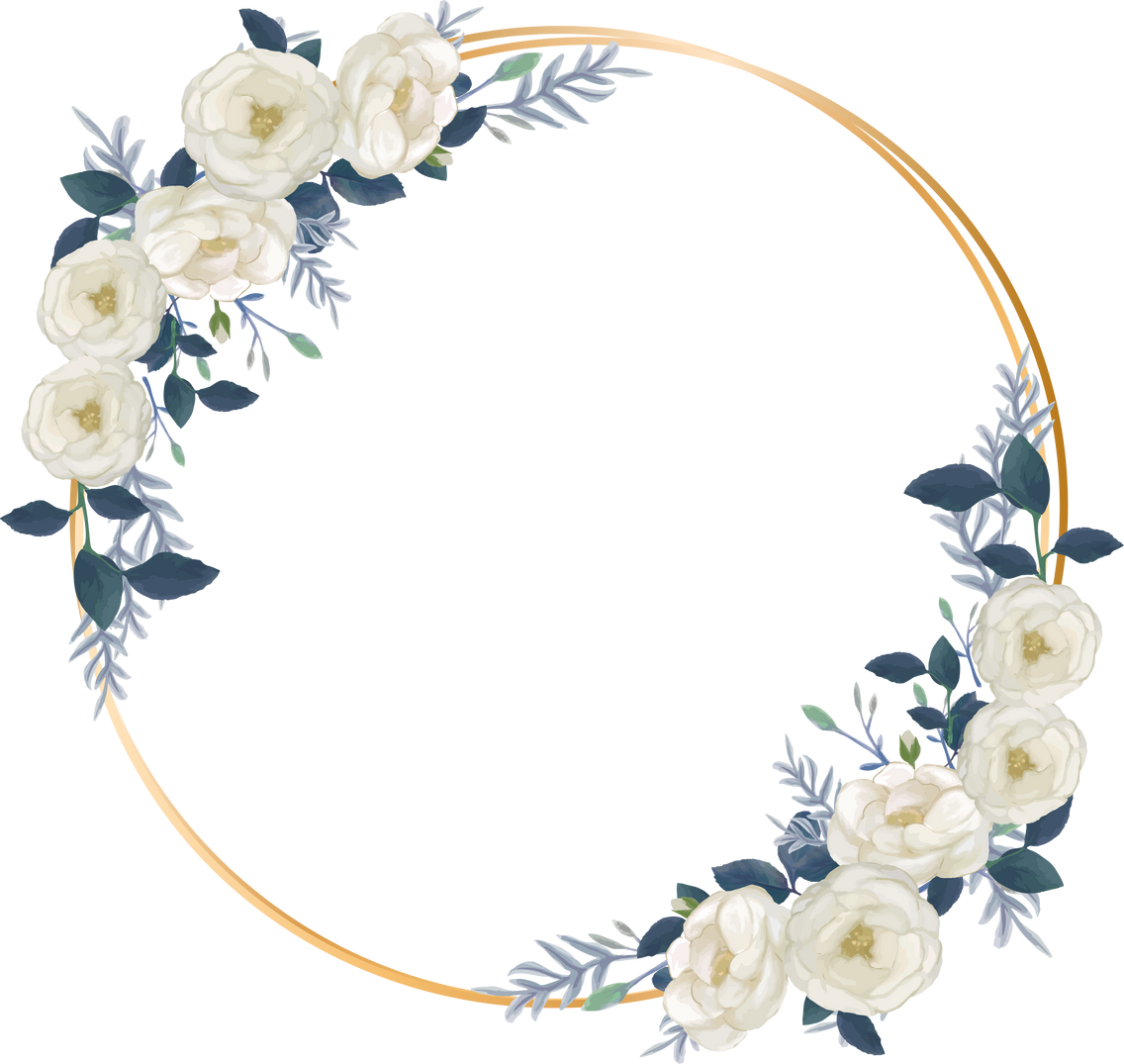 Round circle golden frame with watercolor rose blue floral